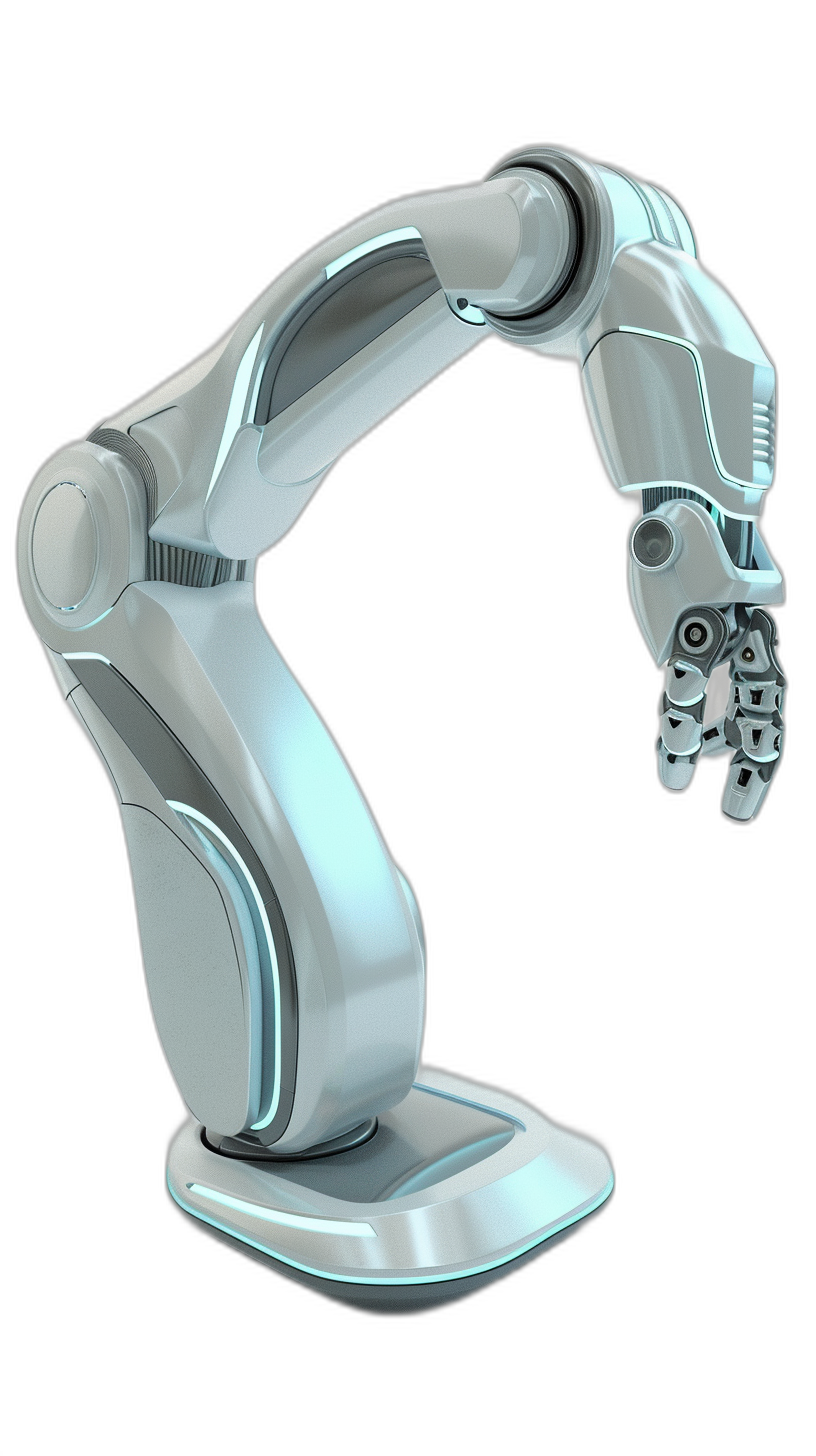 3d render of robotic arm, white color with light blue and silver accents on black background, perspective view, high resolution