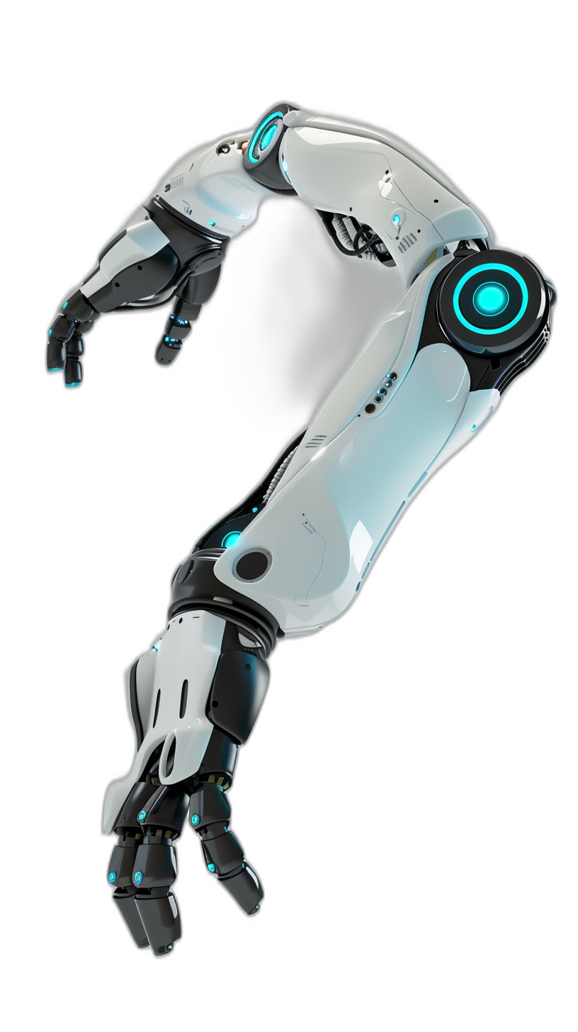 3d render of robot hand with light blue LED eyes, floating in black background, perspective view, white and silver color scheme, hyper realistic