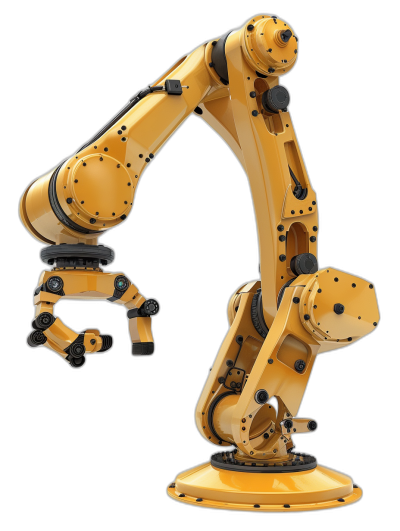 yellow industrial robot arm, 3d render illustration, isolated on black background, side view
