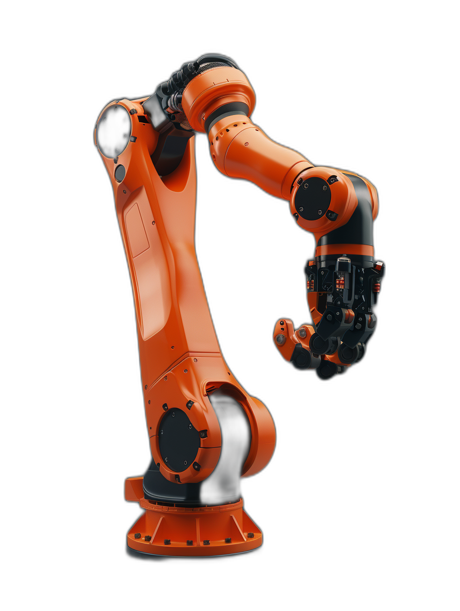 Photo of an orange and black robotic arm on the right side, isolated against a solid black background, taken from the front view as a full body shot, photographed in a photorealistic, high resolution style.