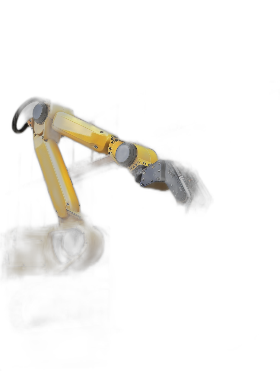 A yellow and black robotic arm on a dark background, in the style of product photography. High resolution with professional color grading and soft shadows. No contrast with clean, sharp focus. Bokeh and film lighting effects, isolated on the edges of the canvas.