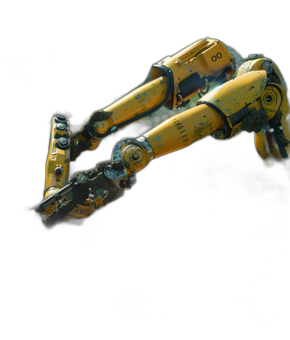 A yellow construction robot’s arm is reaching out, on a black background, in a low angle shot, from a top view, in the style of ultra realistic photography.