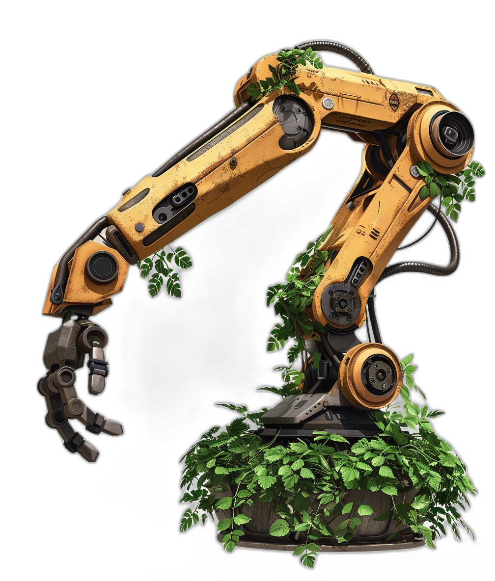 3/4 view of a golden yellow and black cyberpunk robot arm with small plants growing on it in the style of game concept art illustration, against a plain background