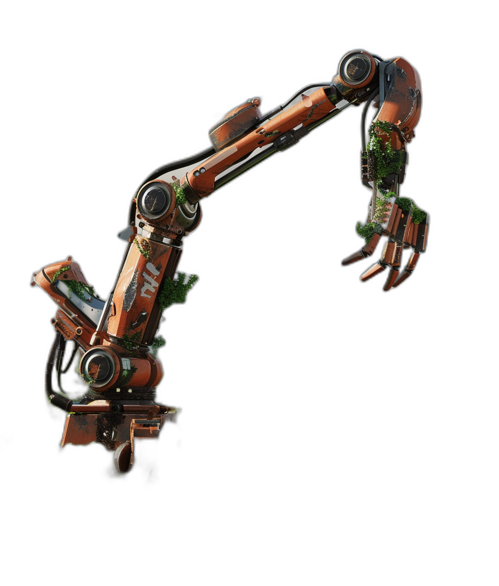 3D render of a rusty and old robotic arm with moss on it, floating in the air against a black background with a front view, in the style of a game asset with a green copper color palette.