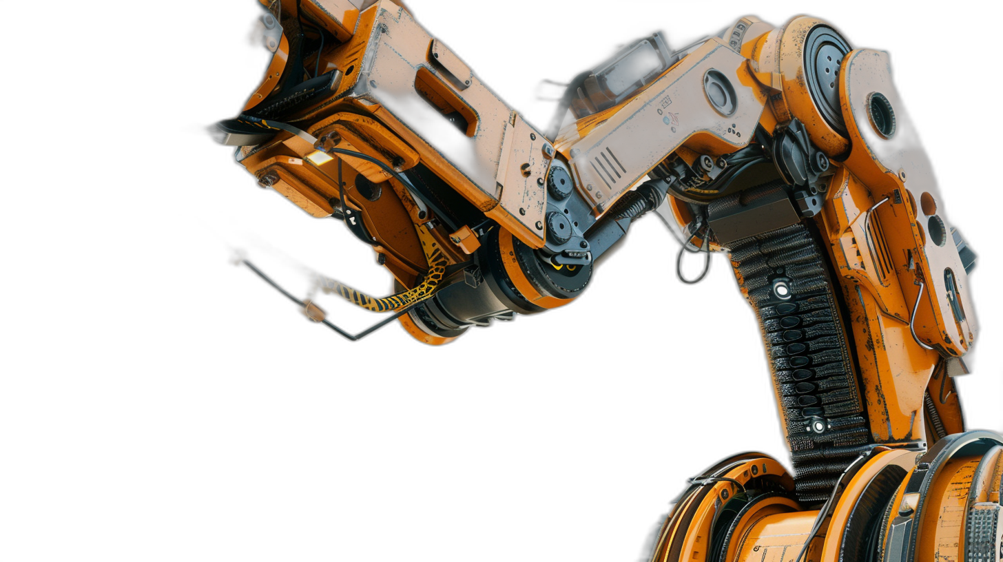 A robotic arm with a black background, in a high resolution, orange and dark color scheme, in the style of scifi, a full body shot, in the game art design style, a 3D rendering, with high detail, hyperrealistic.