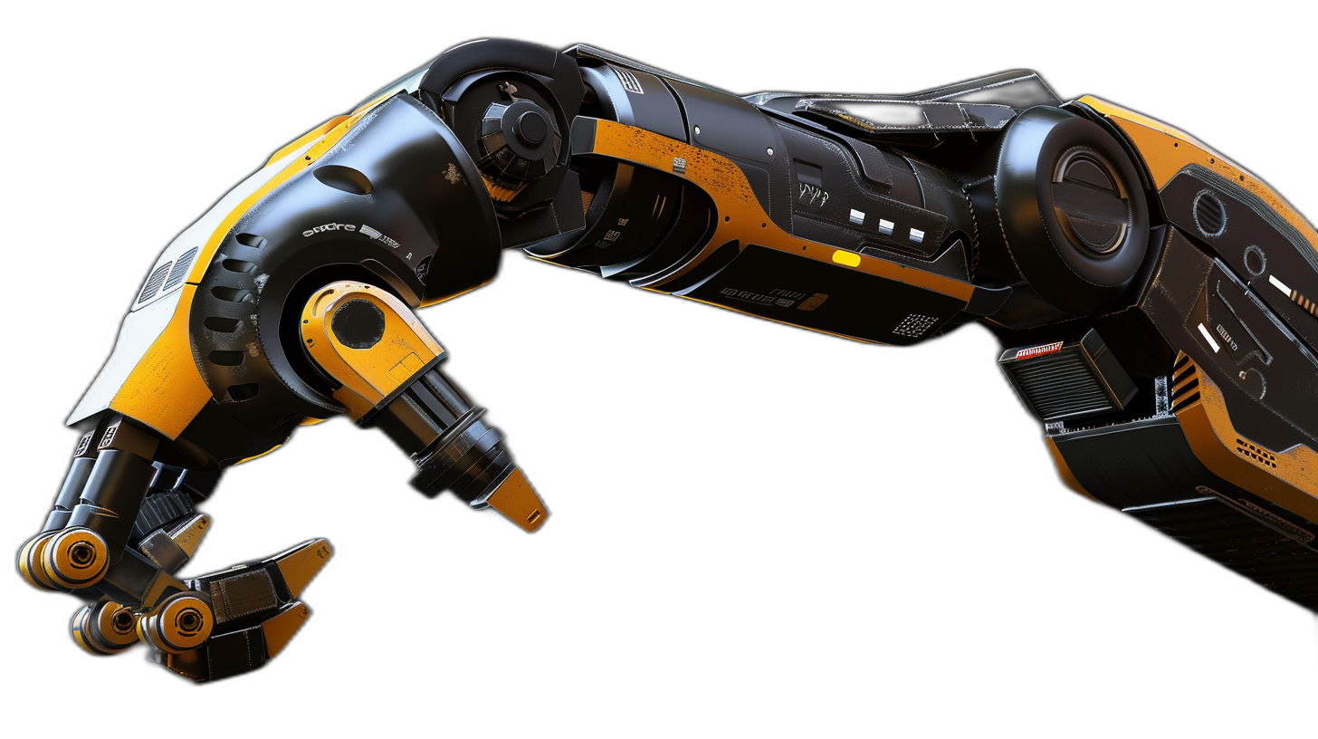 A robotic arm with black and yellow color, concept art by Charles Hu , PZM style, black background, hard surface modeling, deep white and orange., high resolution photography