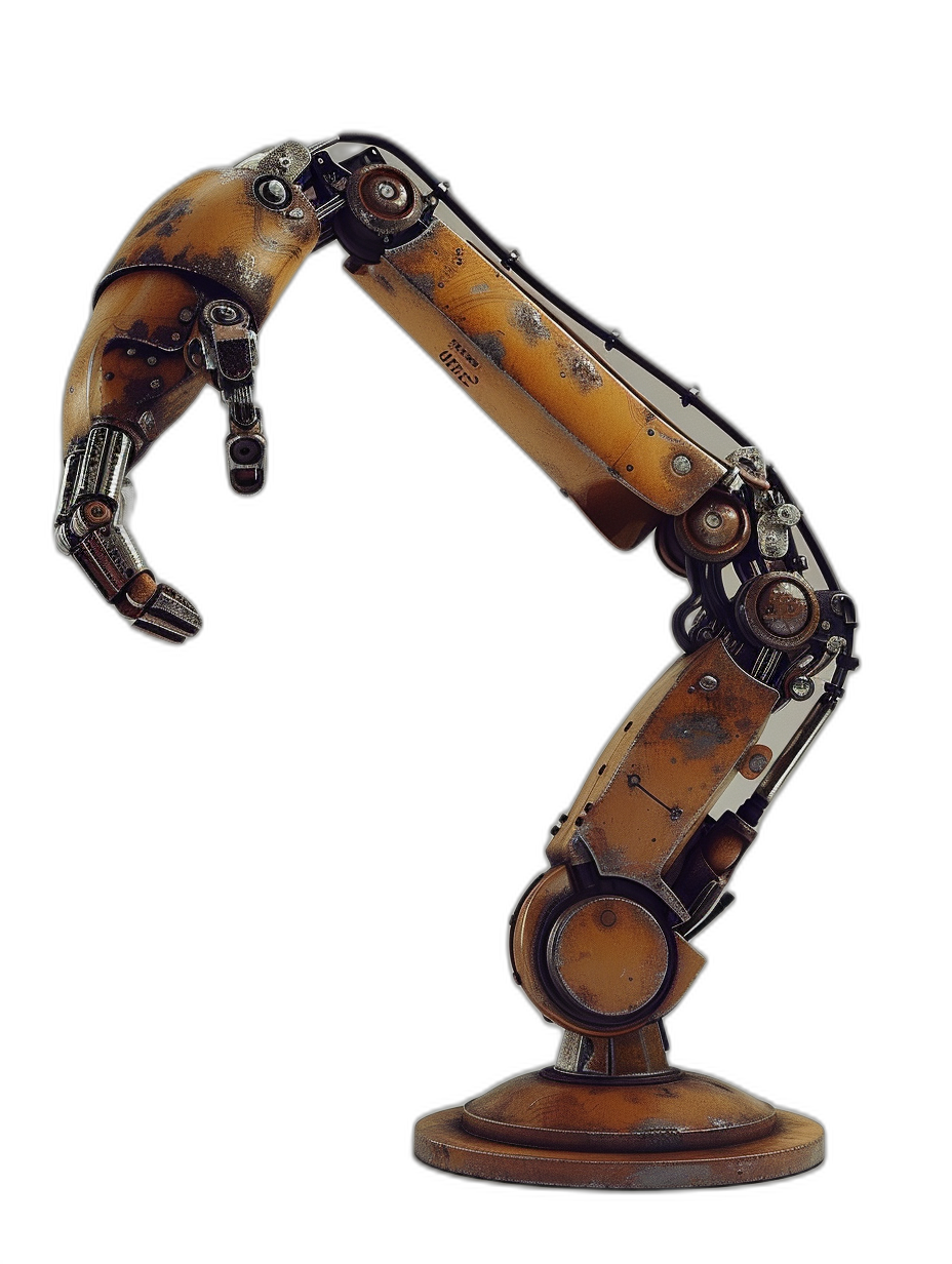 A wooden robot arm with rusted metal parts, reaching upwards in an elegant pose on a black background, front view, in the style of a hyper realistic oil painting.