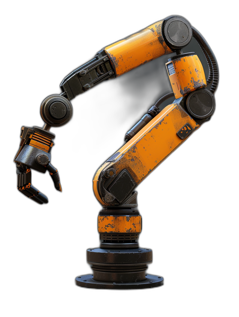 A robotic arm against a black background with orange and yellow colors in the style of game art. The design is for a game icon with a simple structure and high quality. 3D rendering was used to achieve high resolution with the best details. Studio lighting was used with a solid color isolation platform to display game materials.