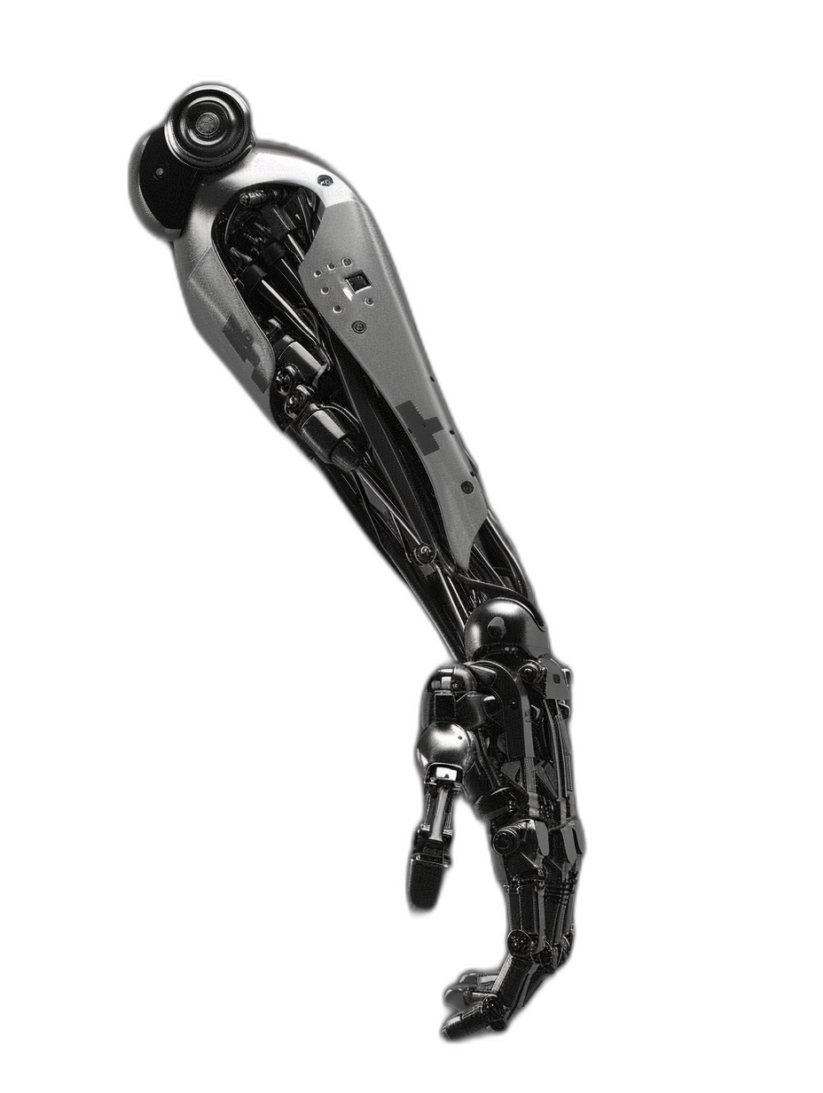 A robotic arm, sleek and polished with a metal finish, with sharp edges and intricate details. The hand is positioned in an open position against the black background, showcasing its complex mechanical structure. It exudes coolness and technology, as if it could compete on the field of futuristic robots. Seen from different angles, highlighting every detail of the robot’s design.