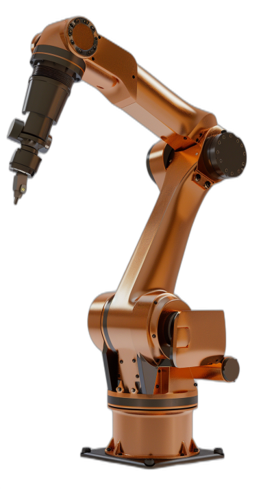 A photorealistic side view of an industrial robot arm on a black background with a copper color and modern design, showcasing its precision for sheet metal working in production lines. The robotic hand is mounted at the end, ready for use. High resolution photography, detailed with a macro lens, in the style of modern industrial design.