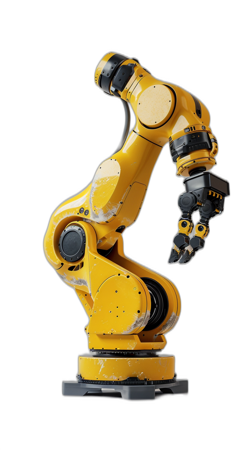 yellow and black robotic arm on the side, isolated on black background, photorealistic, hyperrealism, high resolution photography, insanely detailed, stock photo quality