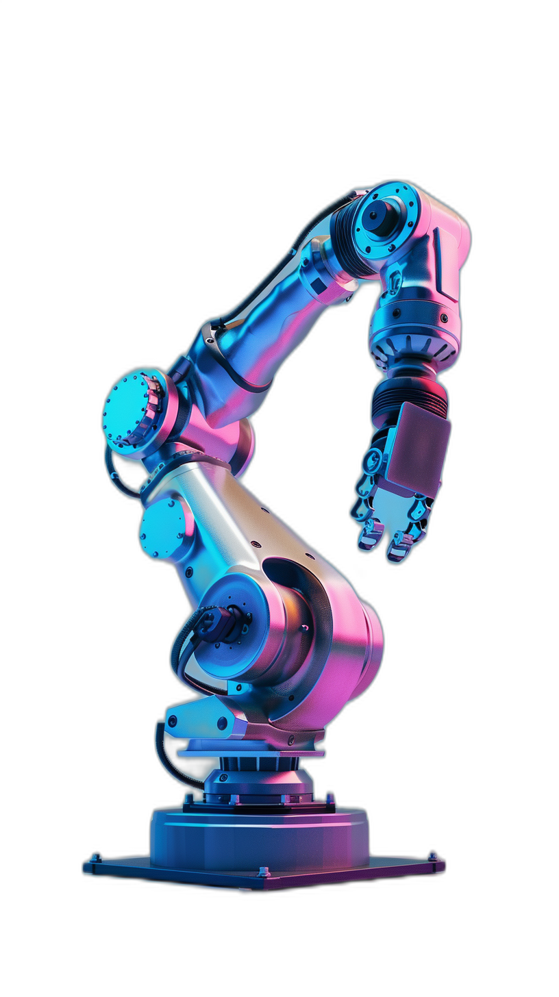 A robotic arm with a metallic texture and a pink and blue gradient color scheme is positioned on the right side of an isolated black background. The robot’s arms were raised upwards to hold something above its head. There were no other elements in front of it, creating a minimalist scene. This design emphasizes the mechanical beauty of industrial technology in the style of focus stacking, with deep sky blue and light cyan colors, high resolution, and hyperrealistic details in a full body shot.