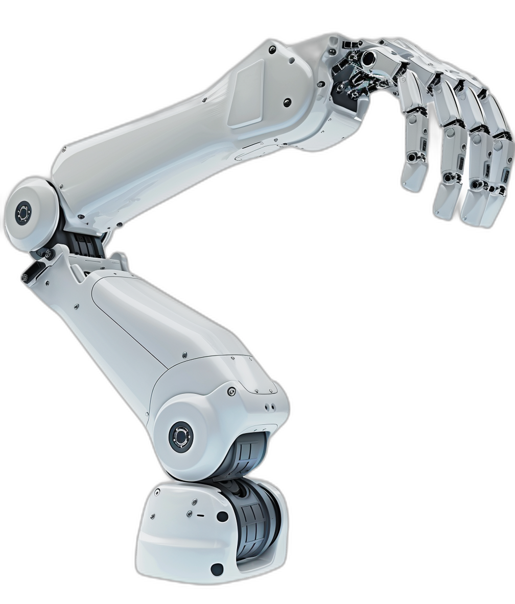 A robotic arm with white metal, high resolution, isolated on a black background, in the style of photorealistic.