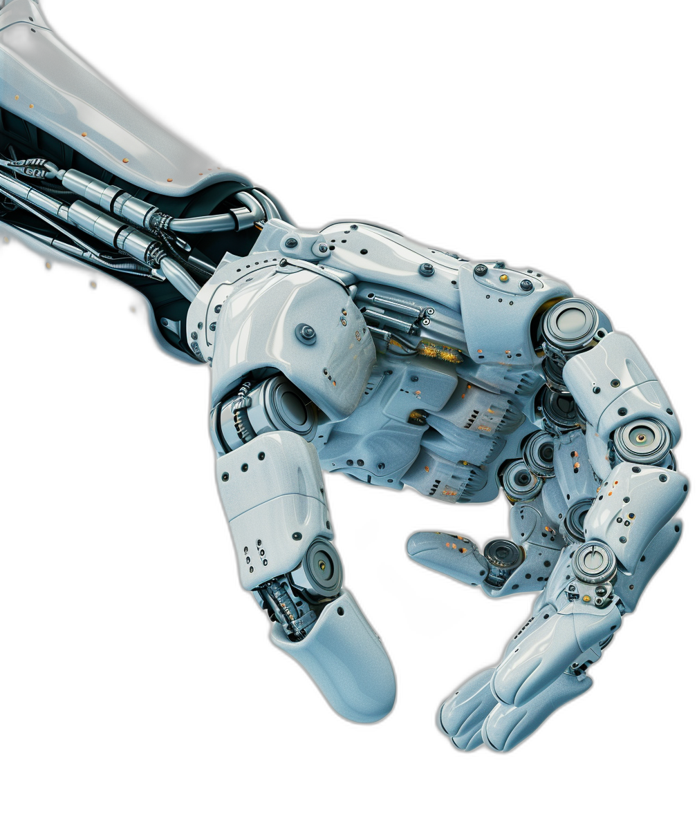 A white robot hand with mechanical structures extends to the right, holding something in its palm. The left arm is hanging down from above, and there is nothing on it. Against a black background, the detailed illustration shows the light gray and blue styles of the arm in the style of realism with a black gradient background seen from a top view.