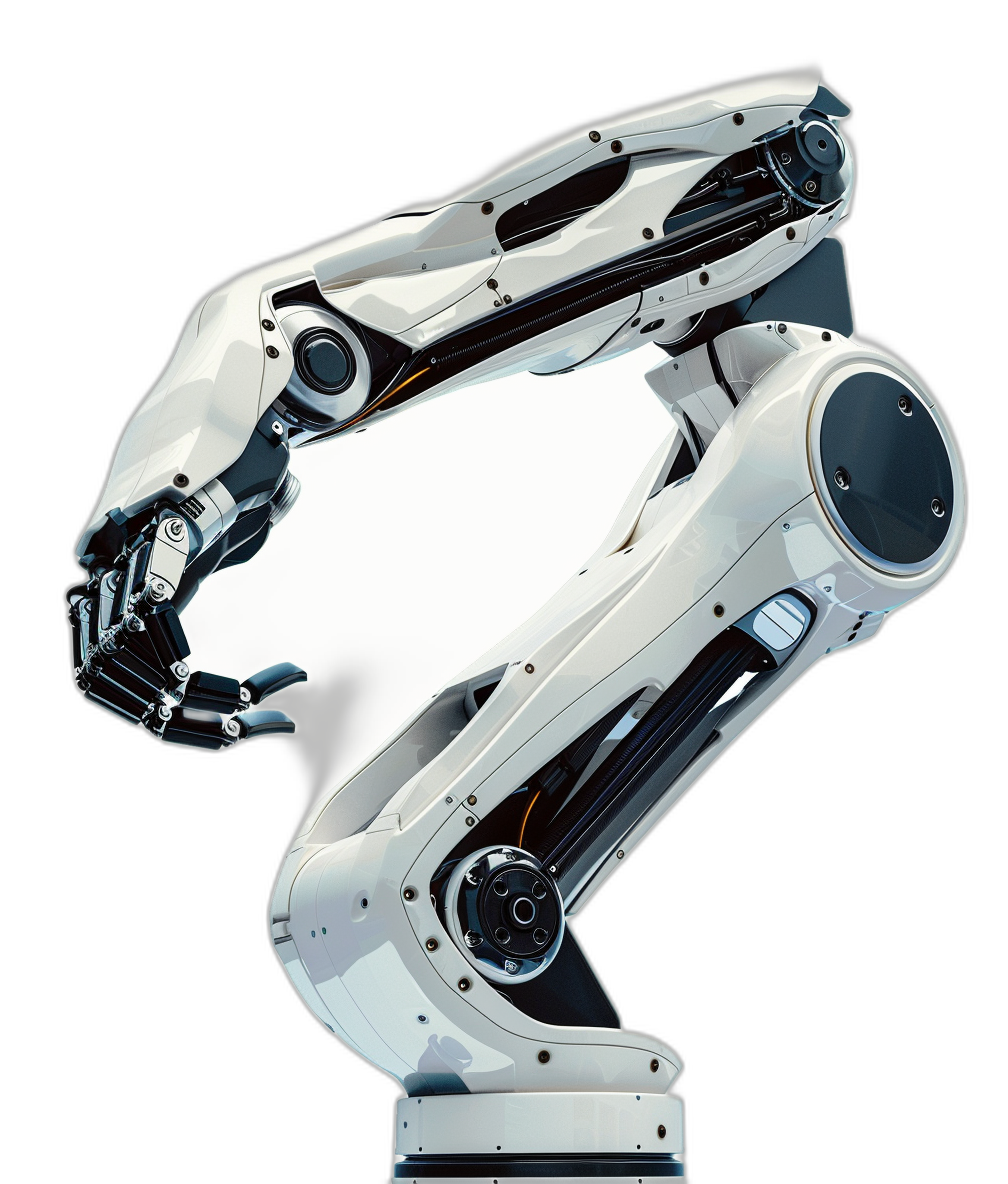 A white robot arm with a black background in a futuristic design at a high resolution, with a logo on the side of it in the style of an industrial robotic hand, sleek and stylish.