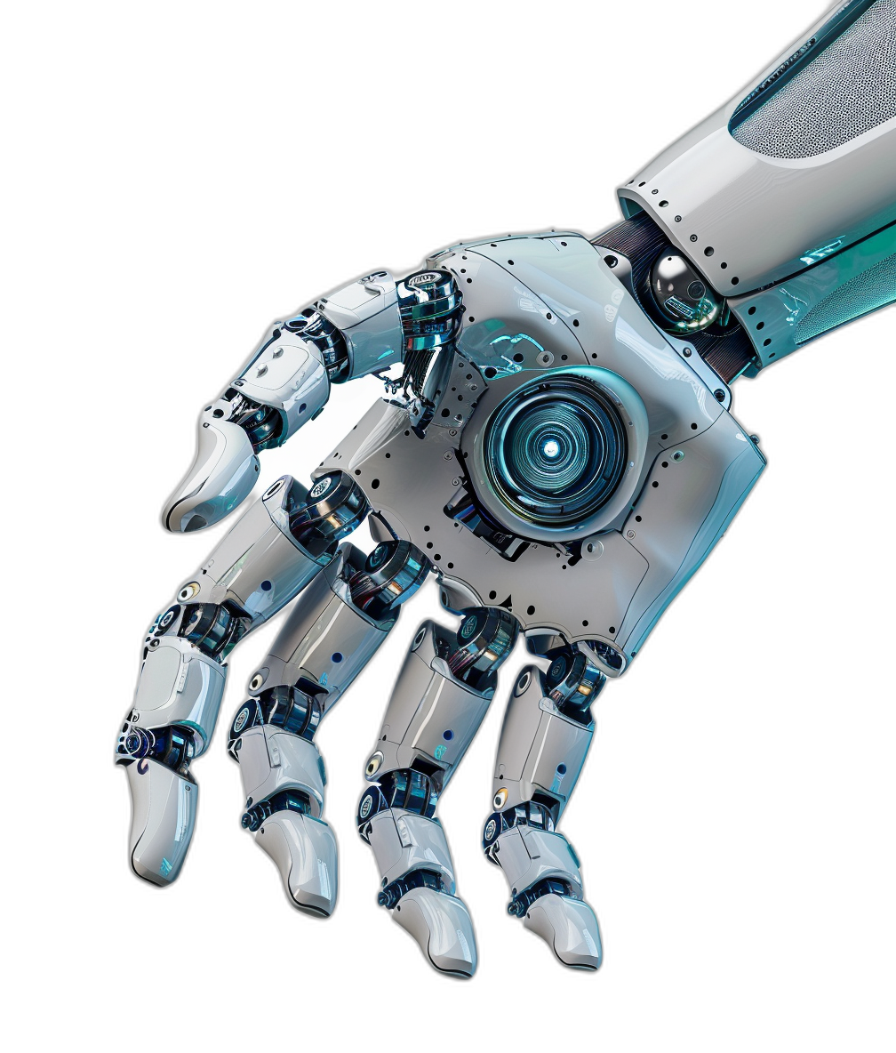 A futuristic robot hand with blue and white details, holding out its palm to the camera on a black background. The high resolution photography shows hyper realistic and highly detailed details in the style of photorealistic art.