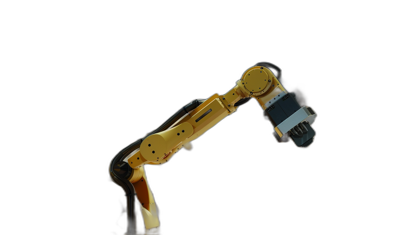 A golden robotic arm on a black background, viewed from the side, in the style of a 3D render, with high resolution photography, insanely detailed, in the style of a stock photo, with professional color grading, isolated on a white solid background, in a close up shot, with sharp focus.