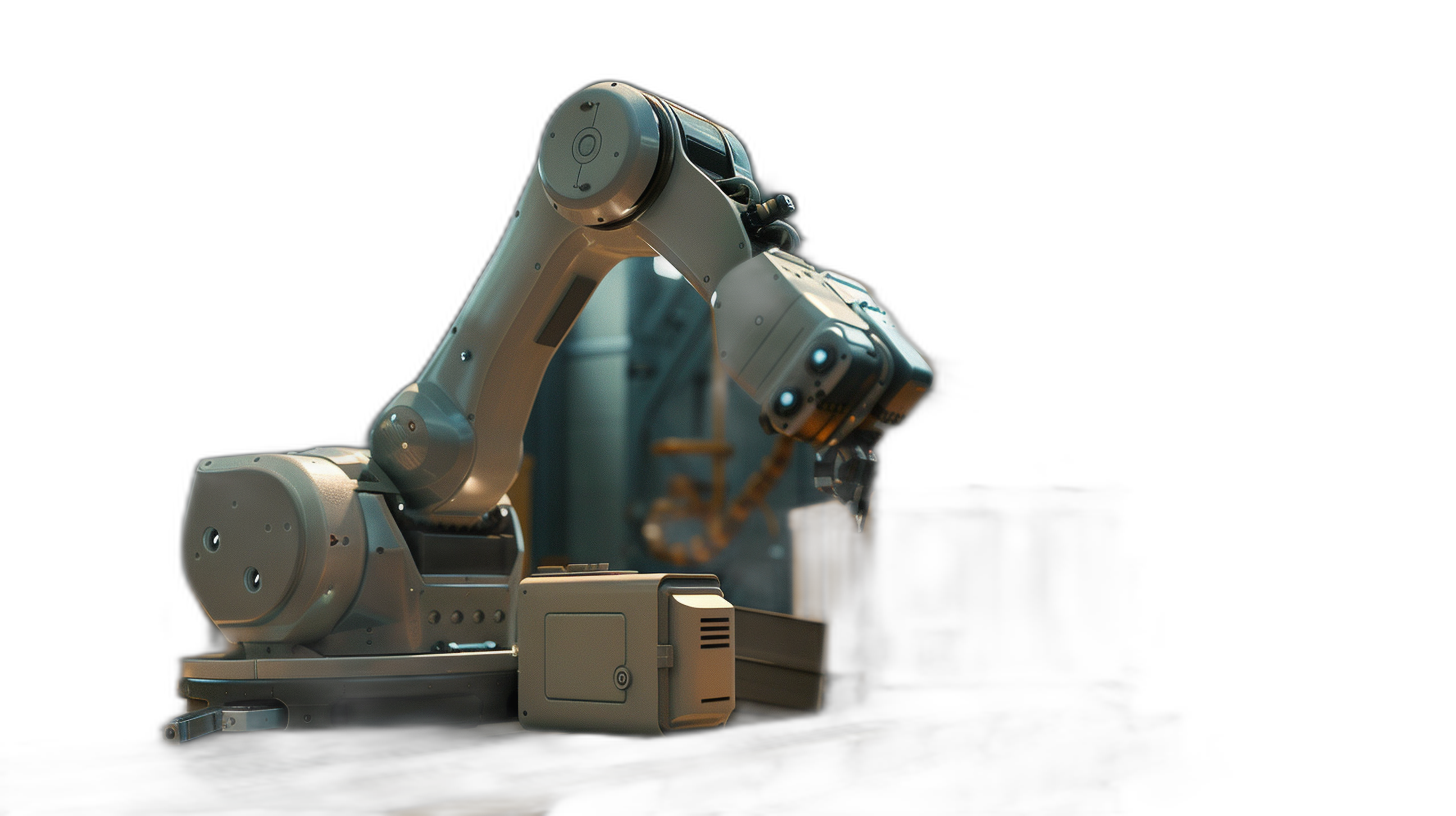 A robotic arm is working on an industrial machine, 3D rendering with a black background. The robotic arm is working in the style of an industrial machine, 3D rendering with a black background.