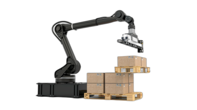 Black background, robotic arm lifting boxes on pallets in the style of unknown artist.