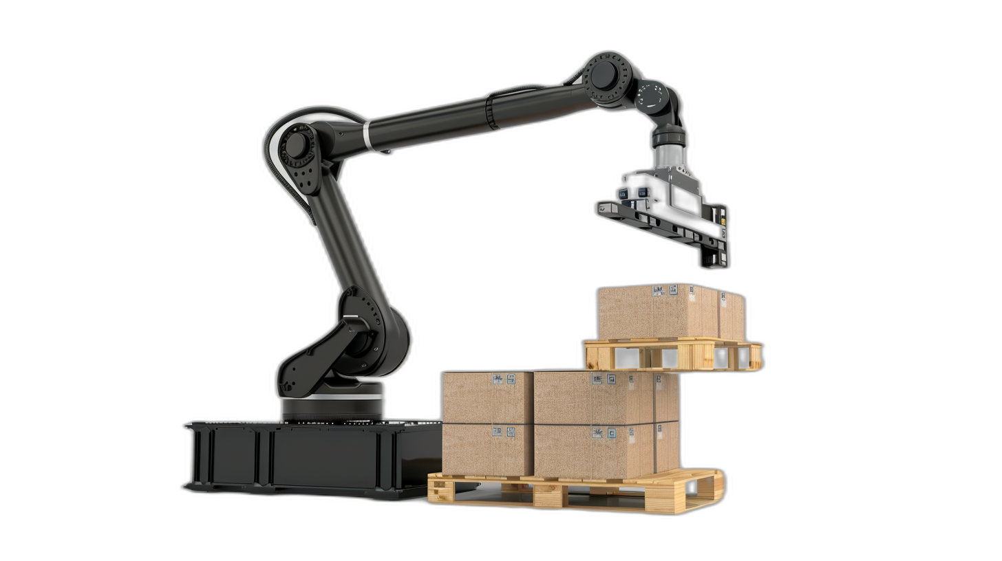 Black background, robotic arm lifting boxes on pallets in the style of unknown artist.