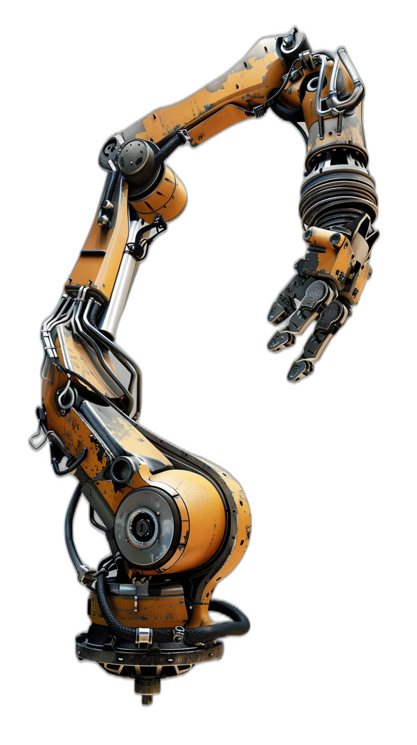 A robotic arm, with an industrial design style and metallic texture, reaches out to the right side of its body. It is orange in color against a black background. The robot’s hand holds something in front of it, creating a sense of depth. This scene has high resolution and is captured from various angles. No perspective distortion can be seen in this 3D rendering.