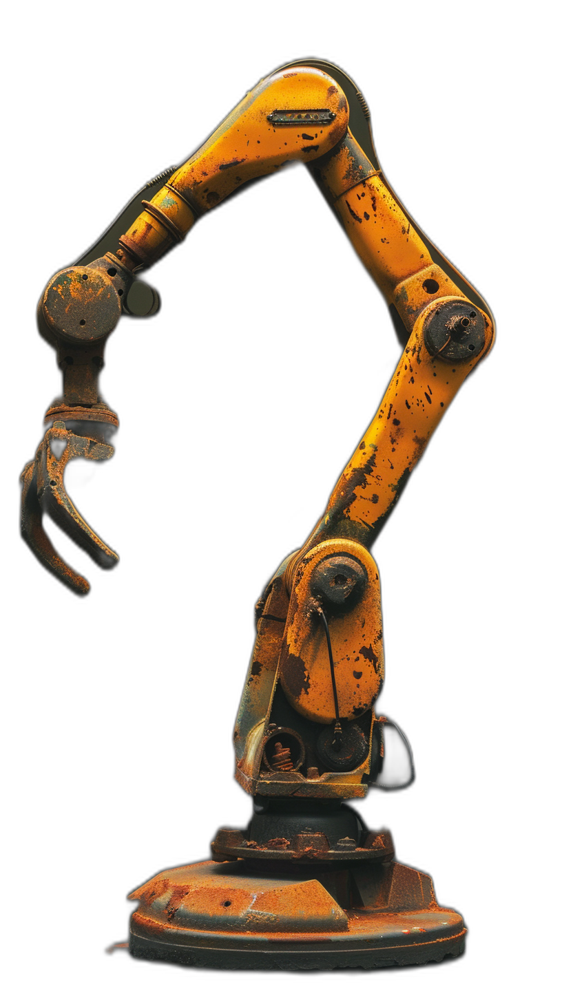 a rusted yellow industrial robot arm, on black background, simple