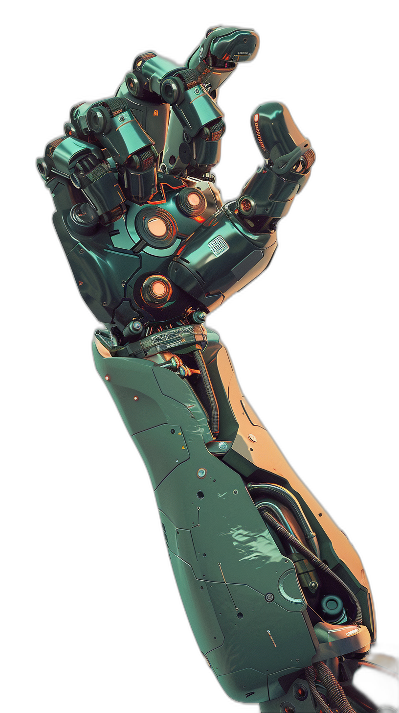 A robotic arm with metal, plastic and glass parts in green color is reaching out to the viewer from the right side of a black background. It has multiple colored lights on its body and there is an orange light shining down onto it. The hand appears as if it is about ready to do something or give someone a high five. In the style of ArtStation cartoon.