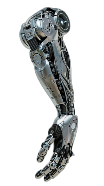 3/4 view of a silver cyberpunk robot arm with an open hand in the style of [Hajime Sorayama](https://goo.gl/search?artist%20Hajime%20Sorayama) on a black background in a hyperrealistic sci-fi style.