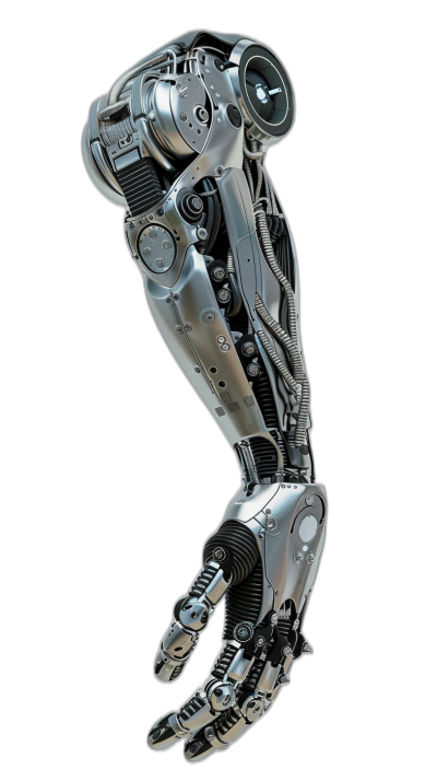 3/4 view of a silver robot arm with steampunk-style details in the shoulder and wrist on a black background, rendered in a realistic style.