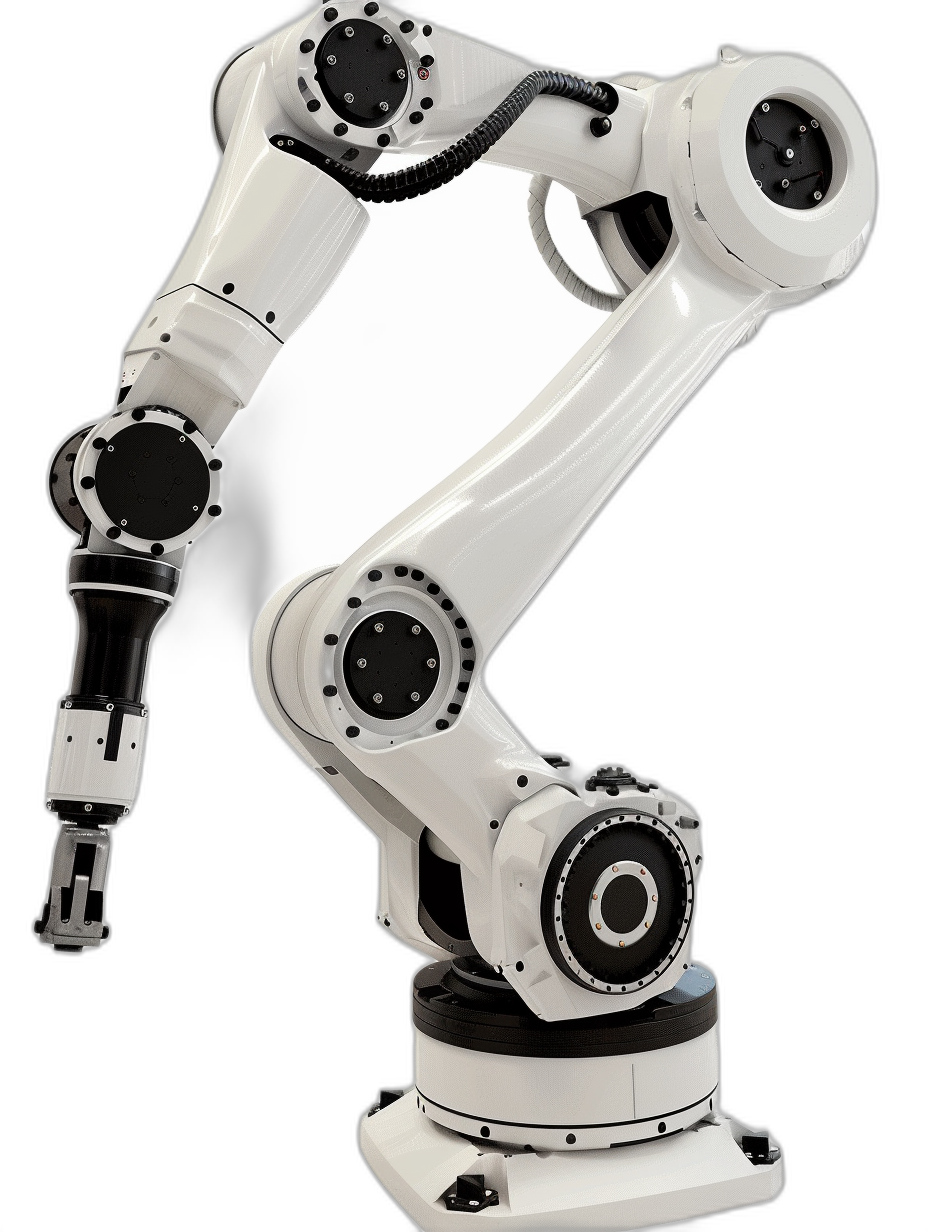 white robotic arm with black details on white background, isolated on black background, hyper realistic photography