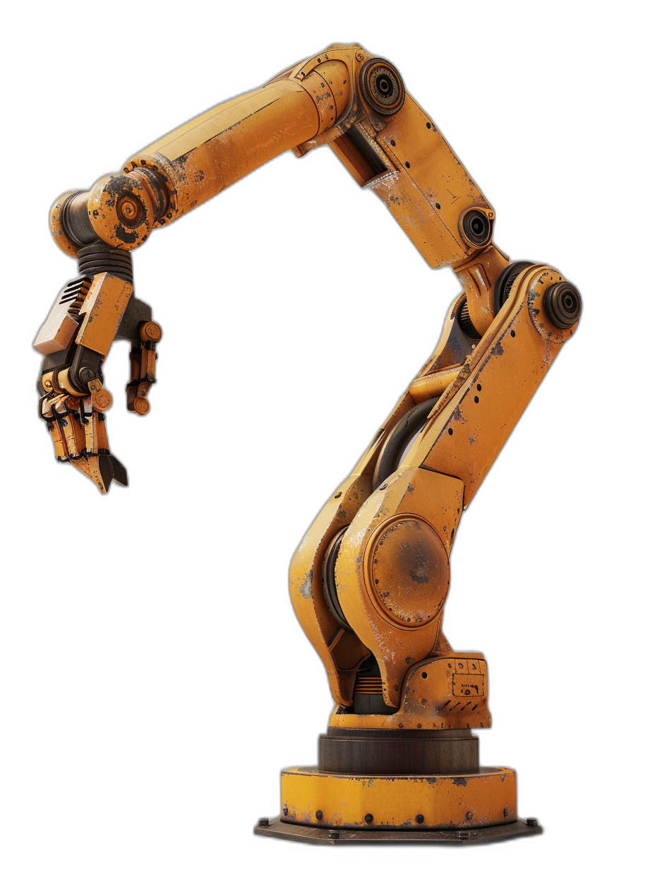 A robotic arm, standing on the ground with its head raised and holding something in one hand, black background, front view, 3D rendering, yellow tone, high resolution, in the style of a mechanical style, bright colors, precise details.