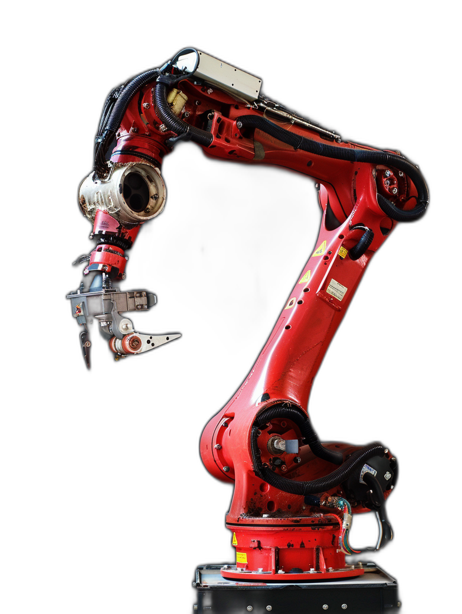 red industrial robot arm on black background, side view, high resolution photography