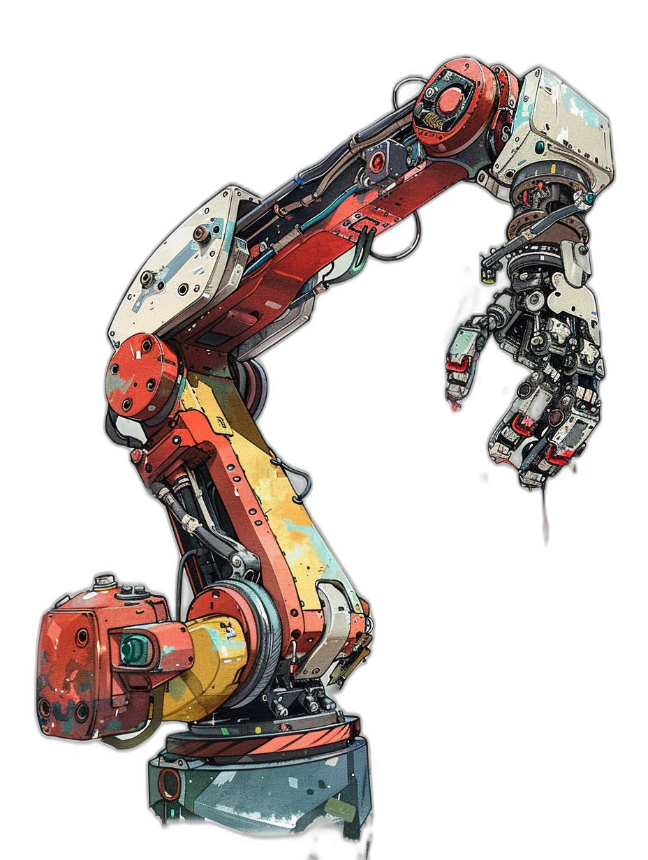 A robotic arm with a simple design drawn in colorful ink in the style of manga art by [Yusuke Murata](https://goo.gl/search?artist%20Yusuke%20Murata) against a black background shown from the side view with metal parts and mechanical details painted using a red, white, yellow and blue palette in a digital painting reminiscent of 2D game art.