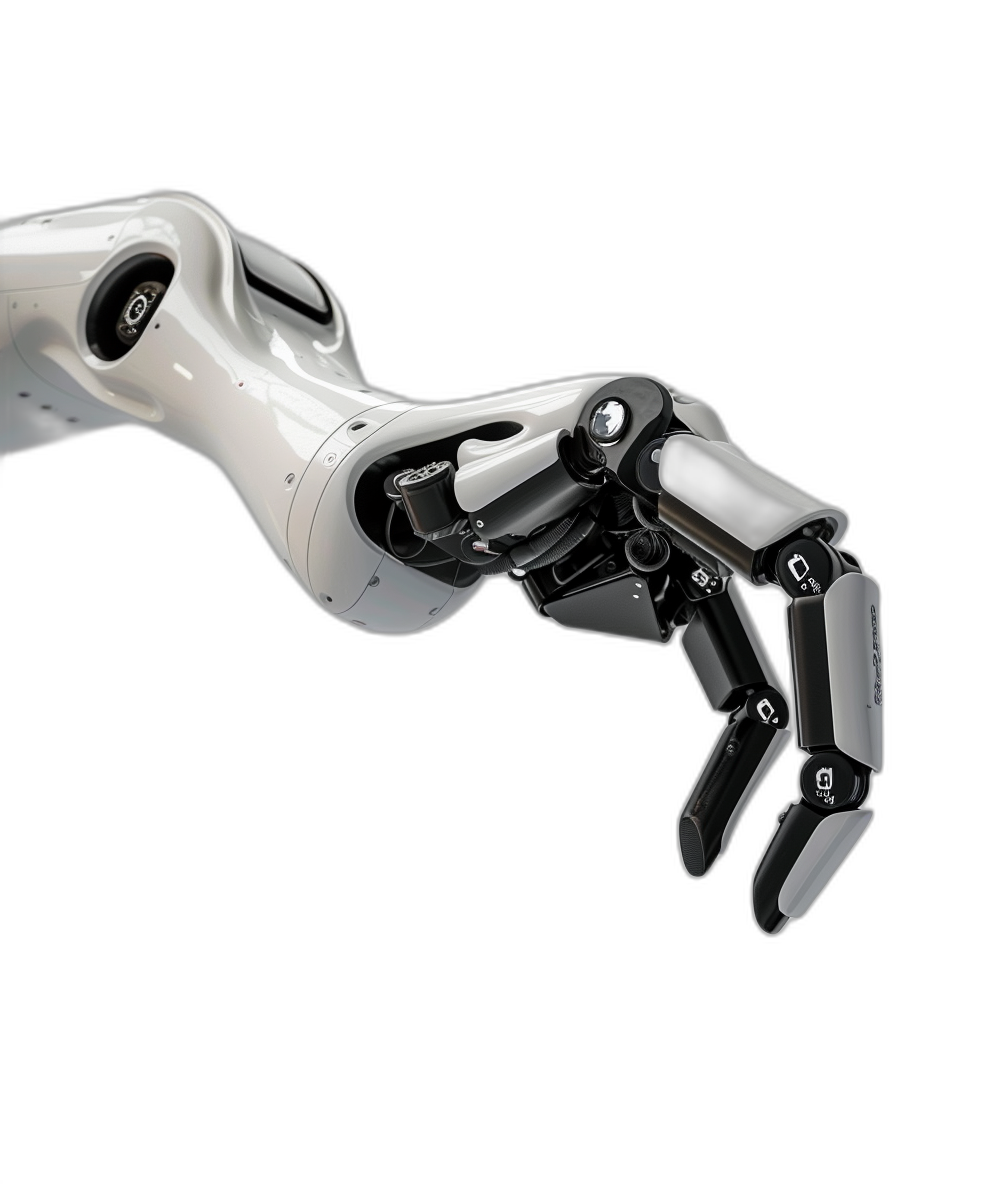 Photo of an advanced robotic hand with high-tech features, floating in the air against a black background. The robot arm is white and has a sleek design with sharp edges and dark metallic parts. It is positioned on its side at a slight angle to show detailed structure and texture details in the style of an advanced robotic design.