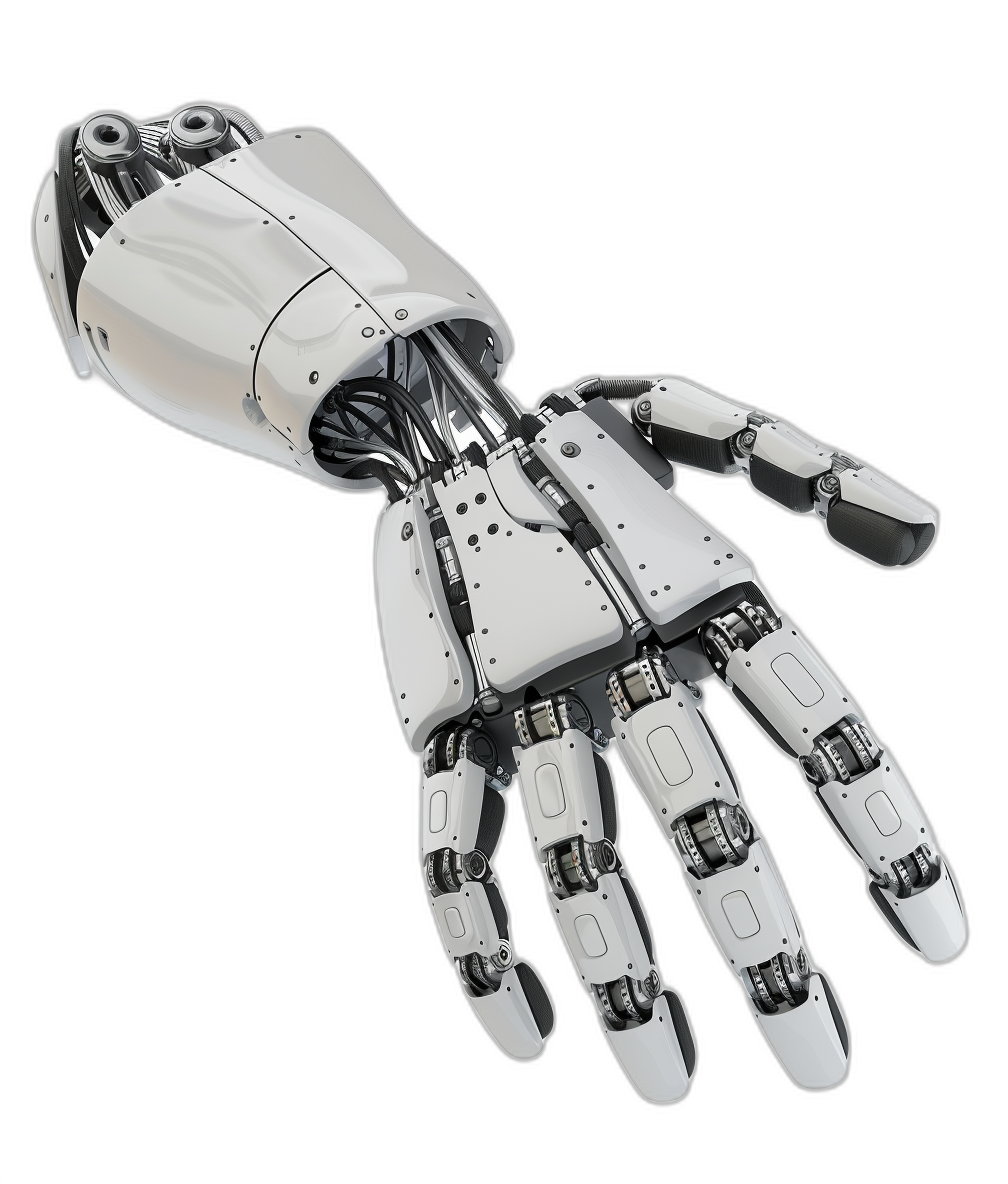 3d render of robot hand with open palm, isolated on black background, metallic silver color and white details,