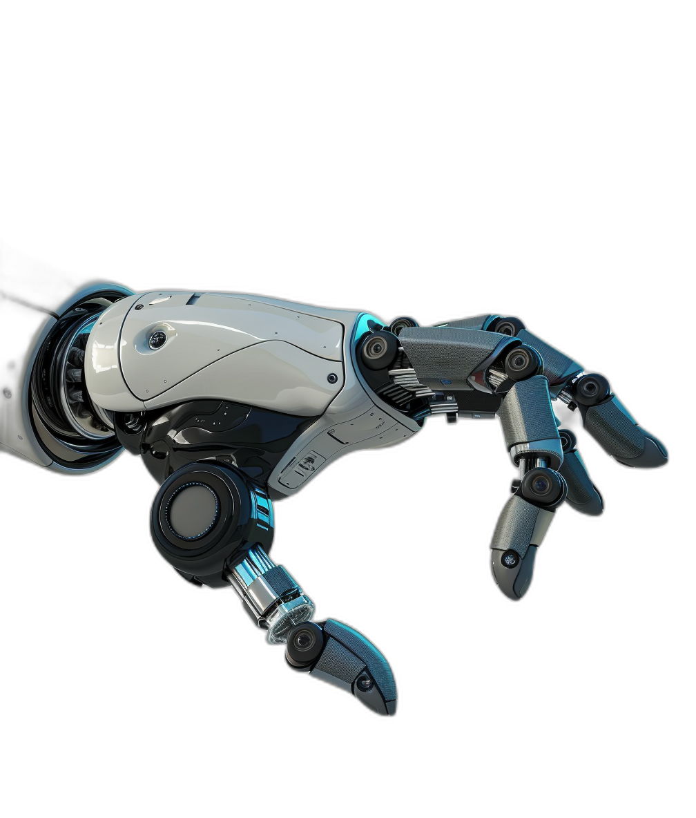 3/4 view of a futuristic robot hand with a black background in the cyberpunk style using blue and white colors in the style of in-game concept art. A high resolution render of the hand using vray tracing in the hyperrealistic style from a high angle perspective with a hyperdetailed rendering at a high resolution without shadows on the ground.