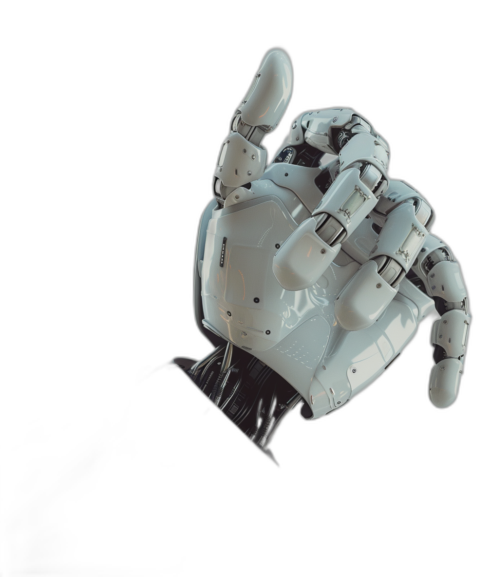 A white robot hand with an open palm, pointing upwards, floating in the air on black background, hyperrealistic scifi style, futuristic feel, high resolution, professional photography, depth of field lens effect, shot from multiple angles, illuminated by studio lights.