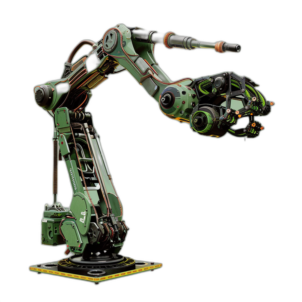 A green and black robotic arm with mechanical parts on the side, in the style of cyberpunk art with elements of warhammer40k, on a black background, a full body shot, detailed and intricate, highly realistic, 3D render, video game concept art, a detailed character illustration, concept art.