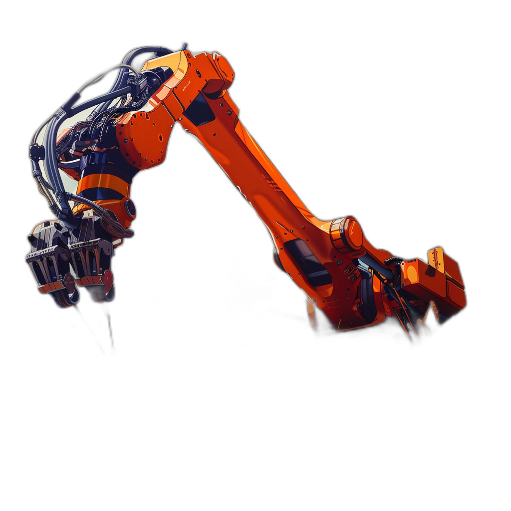 A robotic arm in orange and black colors on the right side of an industrial robot with a dark background, in the style of cyberpunk, in the style of cartoon, using vector graphics, like 2d game art, with high resolution, rendered with octane, with high detail, of hyper quality, looking hyper realistic, being super detailed, with high contrast, lit with cinematic lighting, in a dynamic pose, floating above ground, holding construction material, as a wide shot, from a long distance, with depth of field, against a solid color background, as a full body shot.