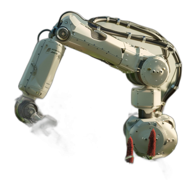 A robotic arm with two large, white arms reaching out to touch the camera on a black background. The robot's body is covered in metal and has three small red accents along its length. It appears as if it could be used for mechanical work or precision tasks. The photo has a realistic style.