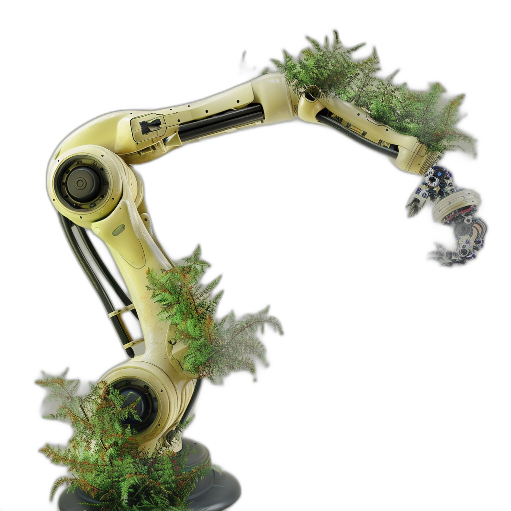 A yellow and black robotic arm with marijuana leaves on it, isolated on a black background, in the hyper realistic style and in the photo realistic style, a full body shot.