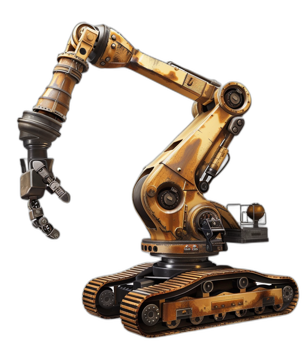 A steampunk style robotic arm with tank tracks instead of wheels, painted in golden and brown tones against a black background. The robot’s body is made from brass plates, giving it an industrial look. It has two mechanical arms that can reach out to capture objects or change its pose. On the bottom part there are visible four legs for added realism. The artwork is in the style of a steampunk artist.