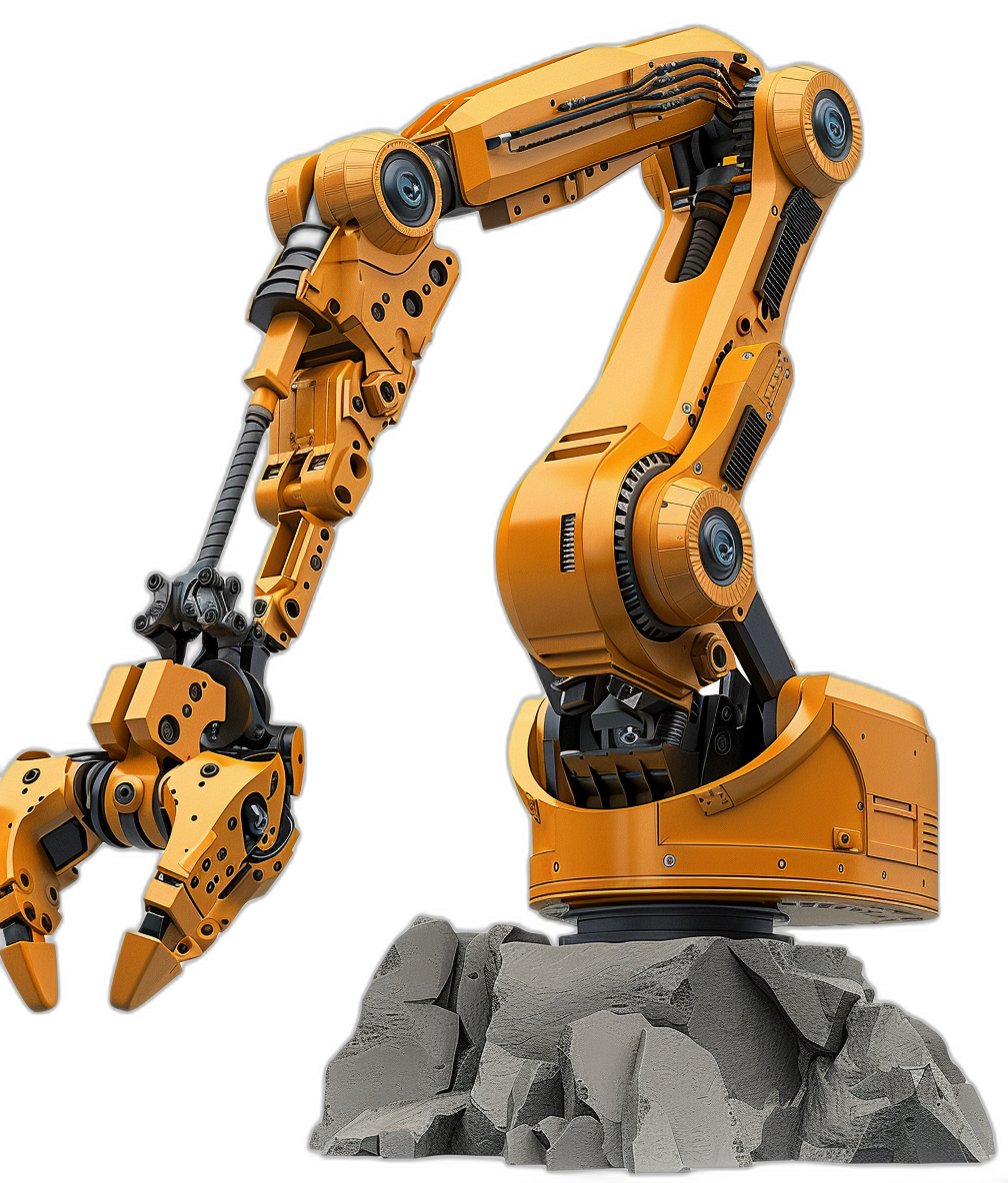 A robotic arm with two tools, working on rocks against a solid background, in a 3D rendered image at a high resolution with high detail. The robotic arm is depicted accurately and precisely in a full body shot with photorealistic, professional photography-quality and studio lighting. The image has high detail and a hyperrealistic style, rendered with octane render featuring yellow, black and white colors.