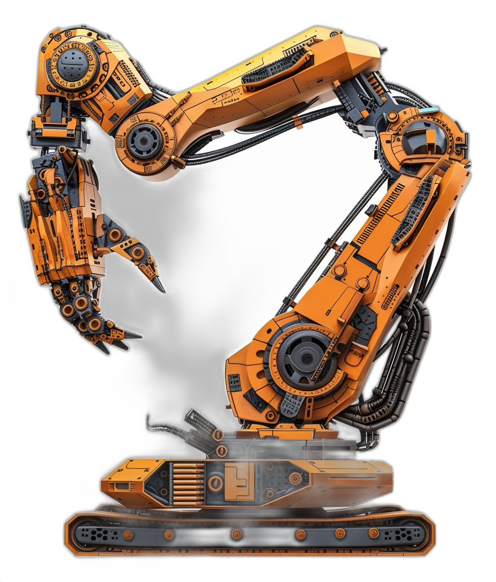 A robot arm holding an orange excavator is shown in the center of the picture, with its head tilted to one side and facing upwards on a black background. The mirror surface reflects it. It has two large robotic arms that resemble long tools or industrial gears, giving off cool tones. This artwork combines elements from mechanical engineering with digital artistry, creating a visually striking depiction of futuristic machinery in the style of mechanical engineering.