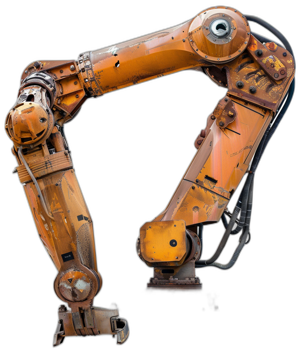 an industrial robot arm made of rusted metal and orange paint, on black background, full body shot, high resolution photography, insanely detailed, fine details, isolated object, stock photo