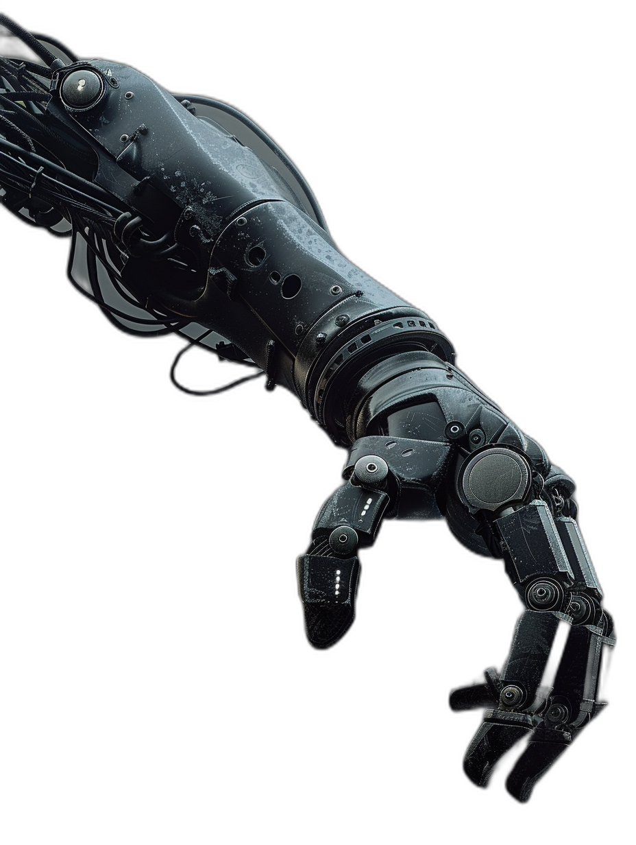 a black background with the arm of an advanced robot, the hand is open and it has some mechanical details on its skin, it’s reaching out to something in front of him, cyberpunk style, high resolution, high detail, hyper realistic