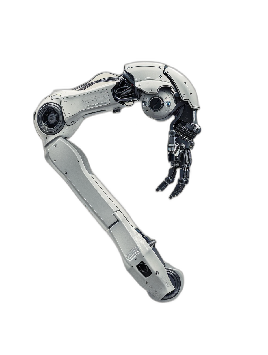 A robotic arm with two fingers, hovering in the air on a black background, with a white and silver color scheme, in a futuristic style, from the side view, a full body shot, with a sci-fi feel, of high resolution, with clear details.