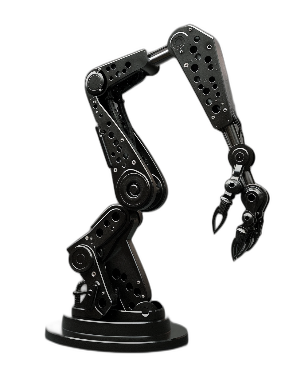 Black background, threedimensional robotic arm with metal structure and black body on the front side, solid color