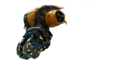 3/4 view of a scifi underwater robot hand with a mechanical eye and an orange lens on a black background, in the style of cyberpunk, 2d game art, high resolution, no shadows in the dark, detailed texture of the metal parts, yellow details