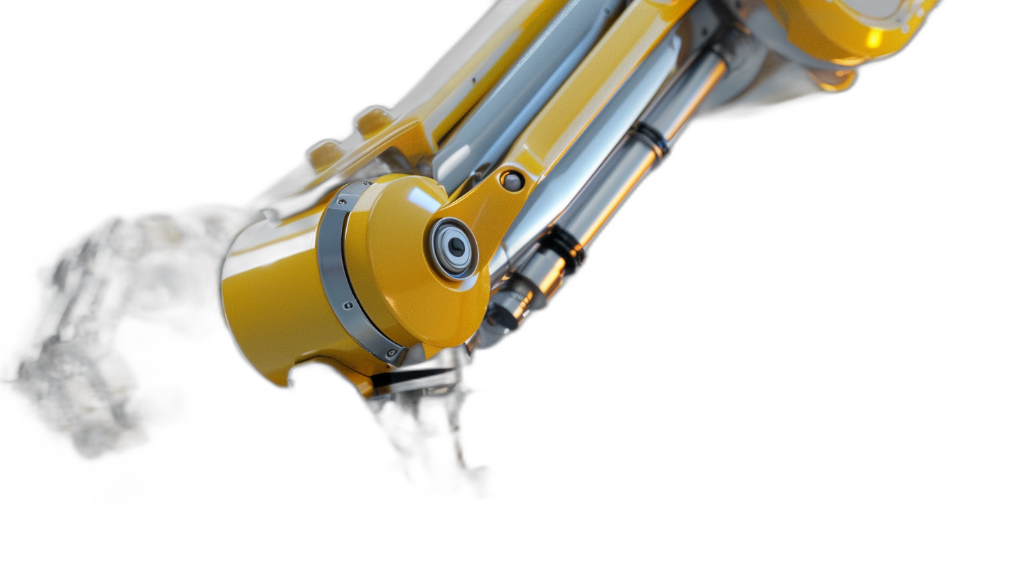 Close up of a yellow and silver robotic arm on a black background. A high resolution photograph showing insanely detailed fine details in the style of professional color grading and a hyper realistic style.